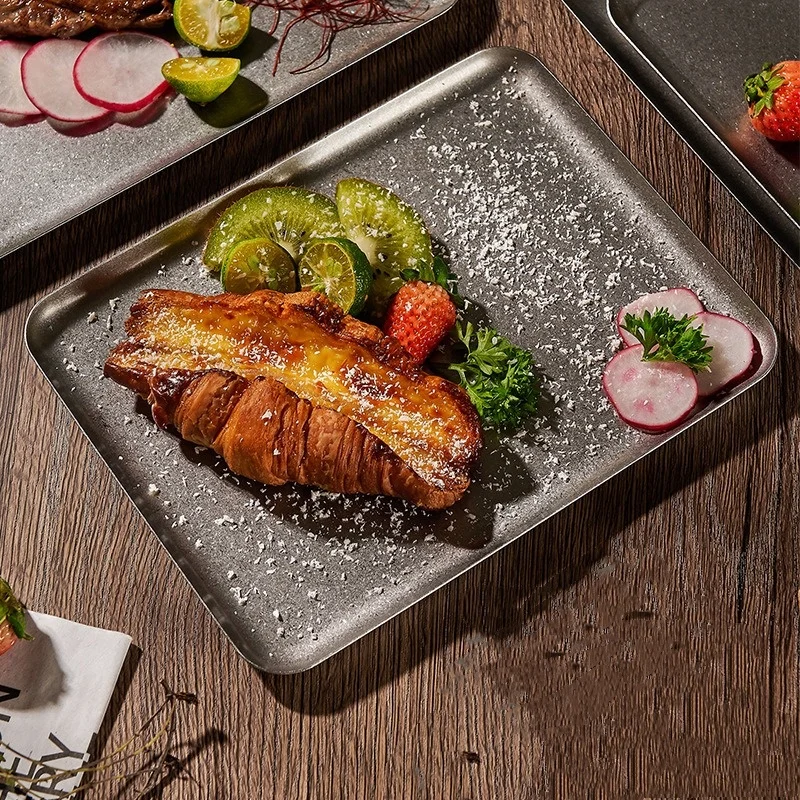 Retro 304 Stainless Steel Snowflake Silver Square Tray Steak Plate Rounded Edge Dinner plate Dessert Grill Tray Decorative trays dining dish,decorative tray