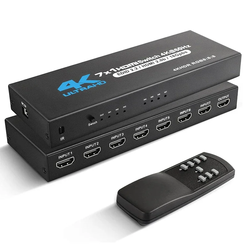 

HDMI переключатель 7 в 1 выход 4K @ 60 Гц HDMI 7x1 переключатель с ИК-пультом дистанционного управления для PS5 Xbox серии X NS переключатель ПК 4K HDTV