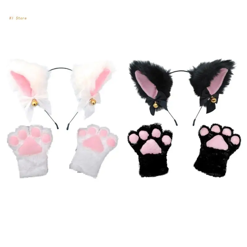 

Ears Headband and Furry Paws Gloves Cosplay Costume Halloween Party Costume Accessories for Women Girls Kids