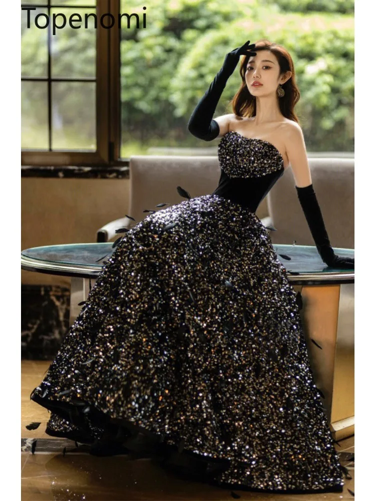 

Topenomi Black Sequins Strapless Party Dress Women 2024 New High End Luxury Quinceanera Prom Dresses Temperament Evening Gown