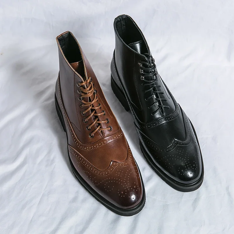 Brown Brogue Men Short Boots Lace-up Ankle Handmade Square Toe Motorcycle Boots leather boots mens leather boots motorcycle leather boots