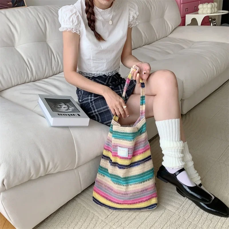 Women's Bag New Shoulder Bag Wool Knitted Woven Handbag Contrast Color Rainbow Stripe Leisure Travel Daily Commuting Sweet Cute