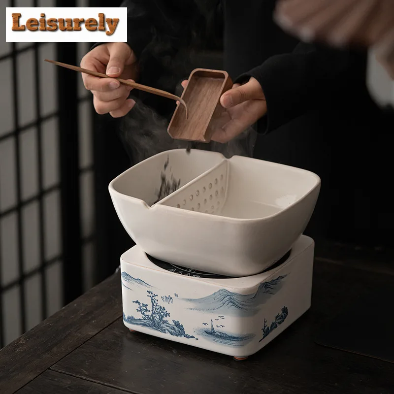 Retro Soda Glaze Ceramic Teapot Hand-painted Landscape Lifting Beam Pot Boiling Water Side Handle Kettle For Electric Stove