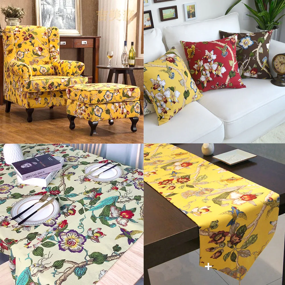 Classic Floral and Bird Linen Cotton Printed Fabric For Soft Goods Blanket DIY Patchwork Handicraft Clothes Furniture Upholstery - 4