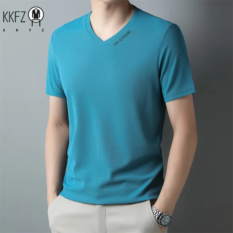 Neues, lässiges und modisches Herren-T-Shirt mit V-Ausschnitt, einfarbig, kurzärmelig, atmungsaktiv und bequem, vielseitiges Sommer-Top