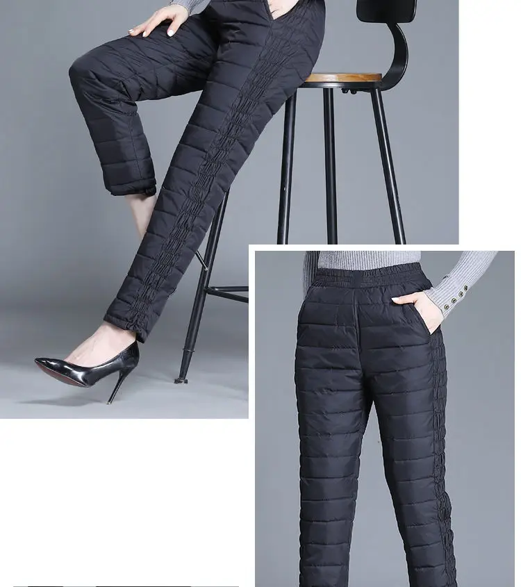 Women Casual Black Windproof Thick Down Pantalones Basic Elastic High Waist Straight Winter Bottoms Oversize 5xl Warm Snow Pants