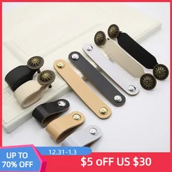 Furniture Cabinet Door Leather Pulls Nordic Wardrobe Shoe Cupboards Drawer Handles 1PCS Black White Kitchen Cupboard Knobs