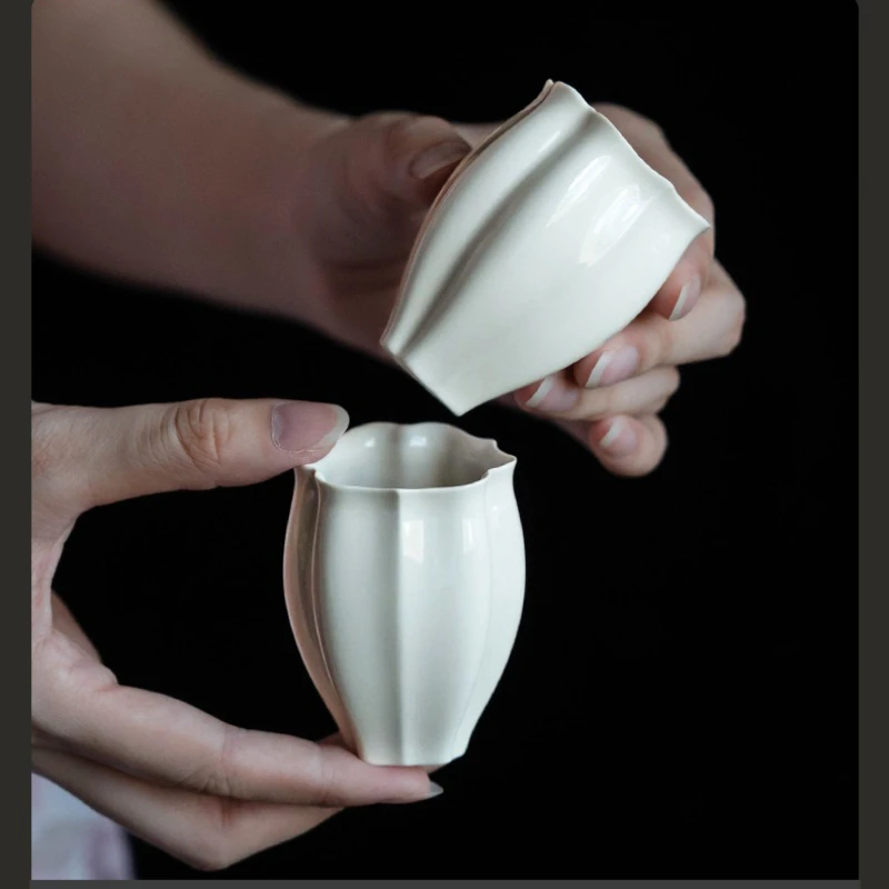 Antique Plain White Lotus Teacup Ancient Plant Ash Petal Smelling Cup Household Tea Ceremony Craft main single cup ceramic tea