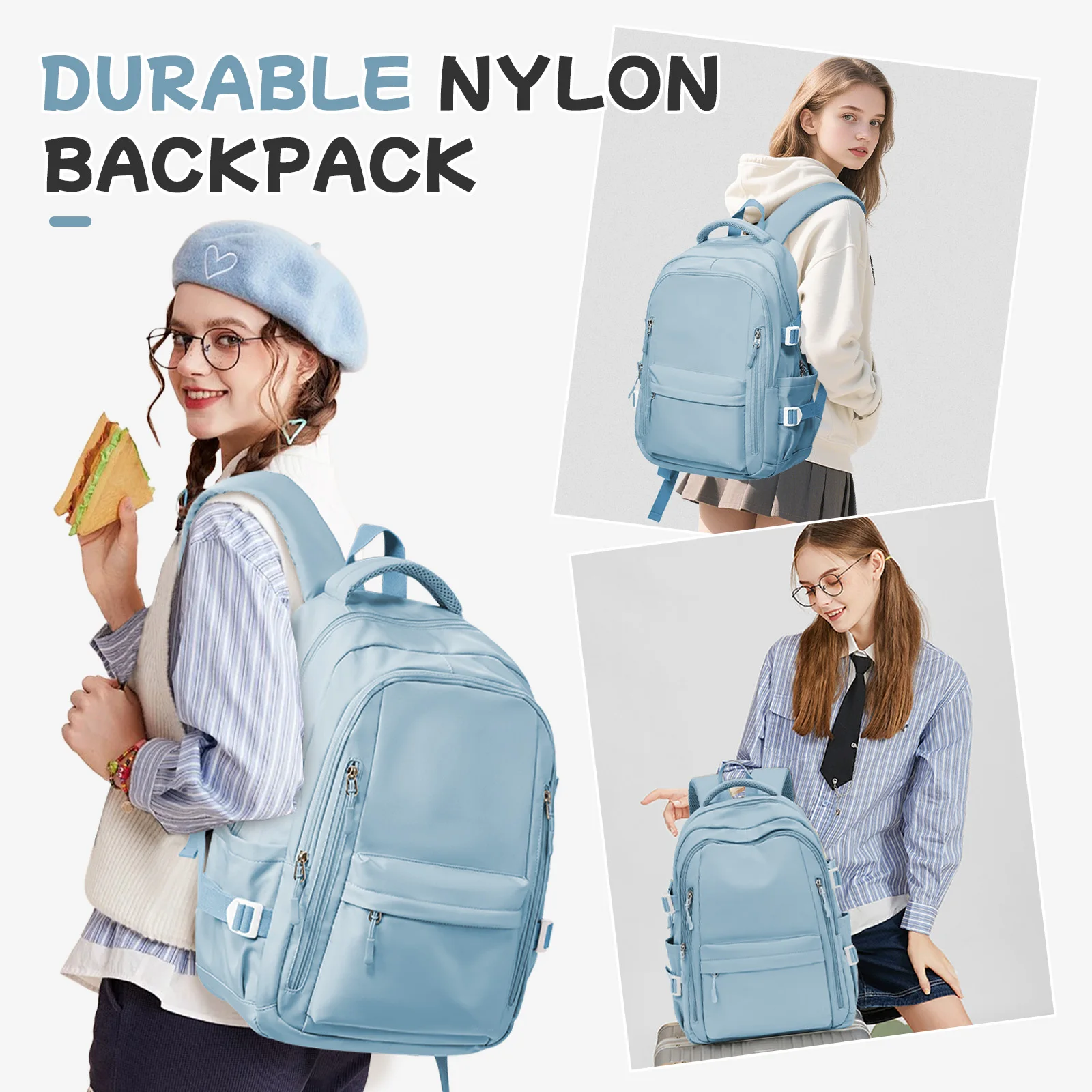 Anti-Theft Casual Travel Backpack for Women，Multi-Pocket Design in Light Blue Durable for School，High School and College Bookbag