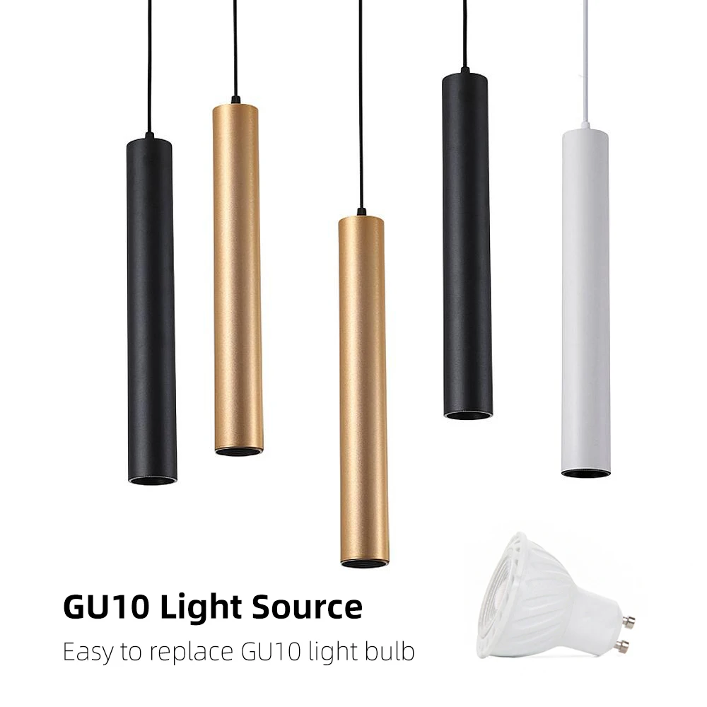 

Modern Long Tube Black White Golden LED Pendant Ceiling Replaceable GU10 Island Bar Counte Shop Room Kitchen Fixtures Lamp