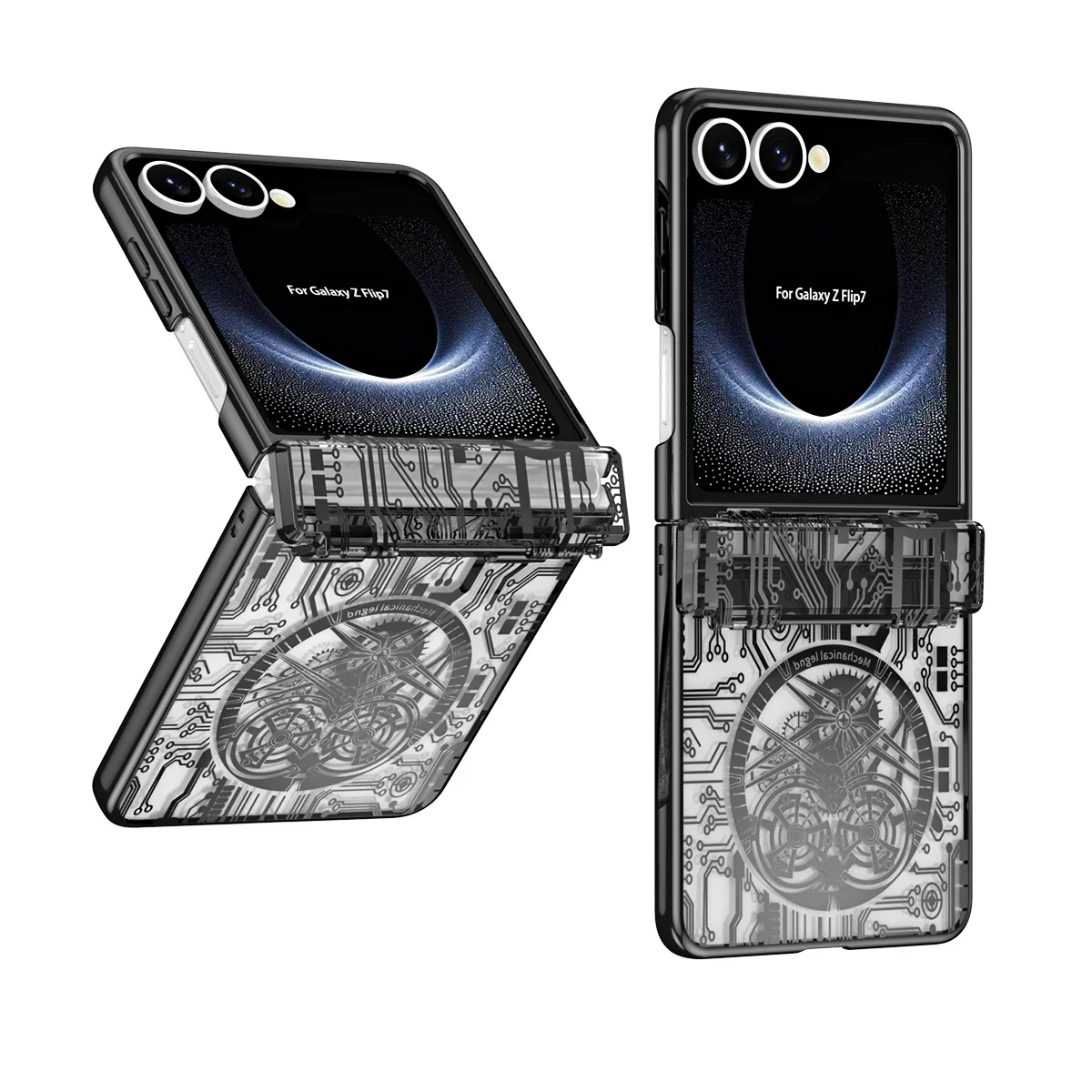 Luxury Electroplate Mechanical Style Phone Case with Hinge Protection and Anti-Drop Clear Cover