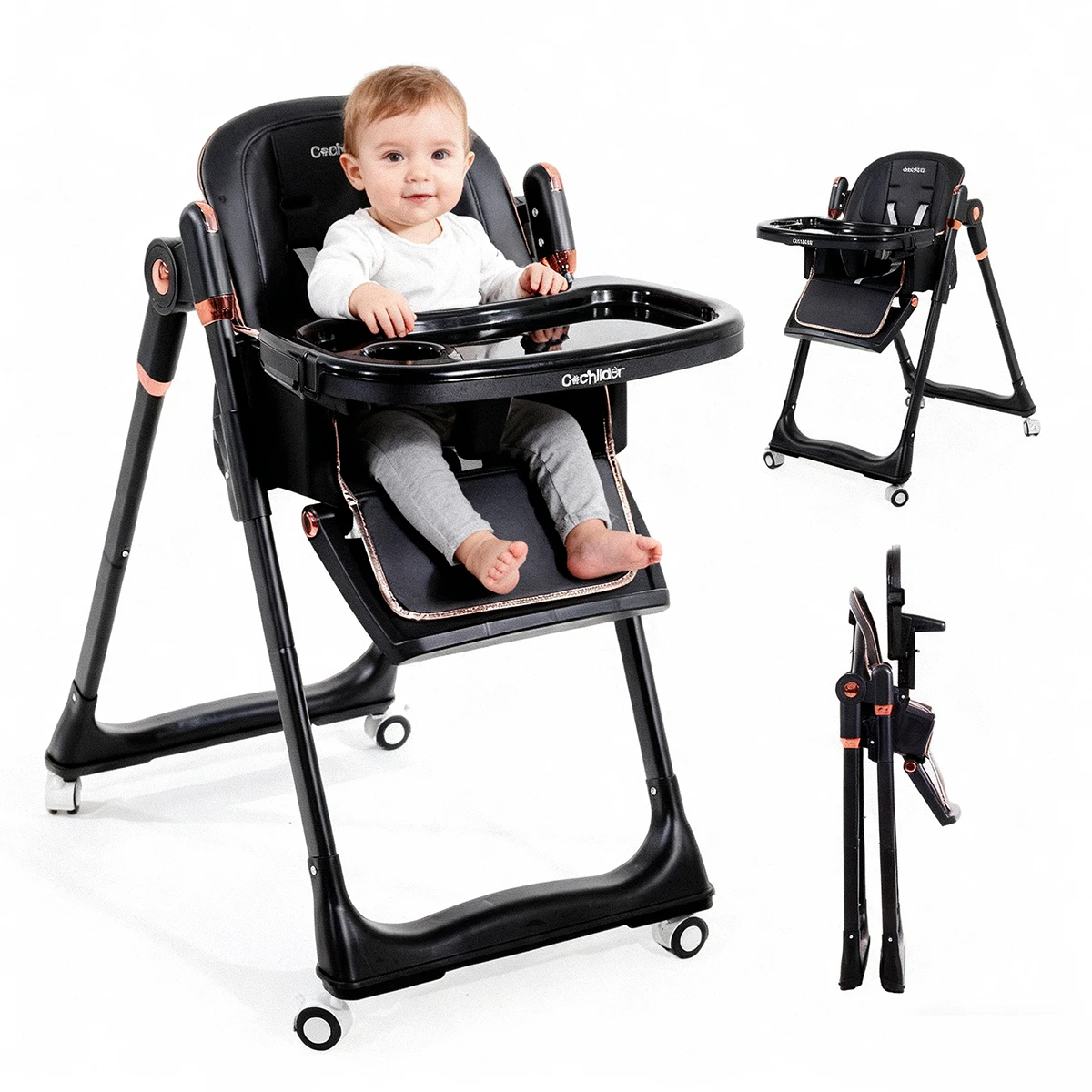 Foldable baby feeding chair, multi-functional children's high chair, wheeled table and outdoor camping chair