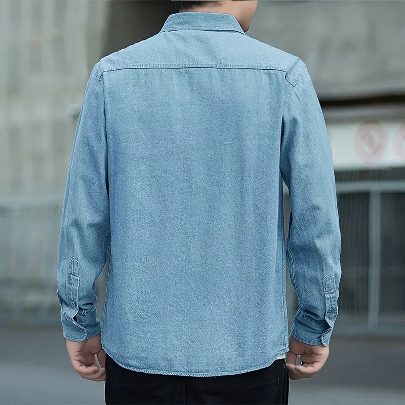 Spring Autumn Men's Denim Shirts Cotton Long Sleeve Solid Color Slim Casual Shirts Mens Blue Streetwear Daily Jean Blouse Tops