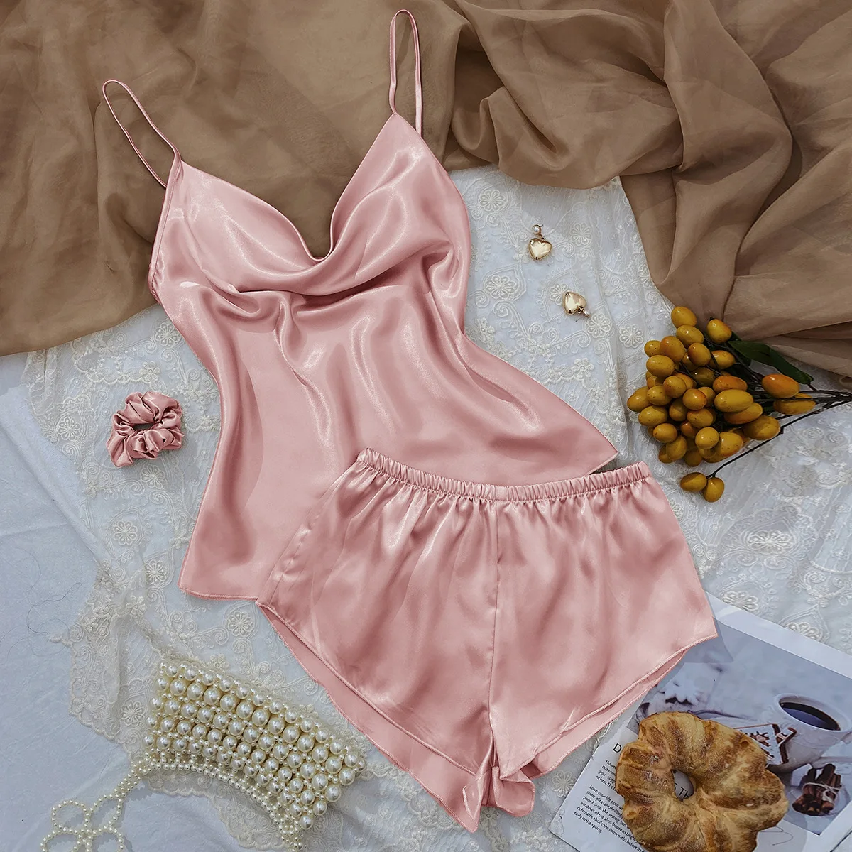 

2023 New Sexxy Nightie Woman Thin Suspender Women's Pajamas Lightweight Sleepwear Solid Color Ice Silk Pajama Sets+Hair Rings