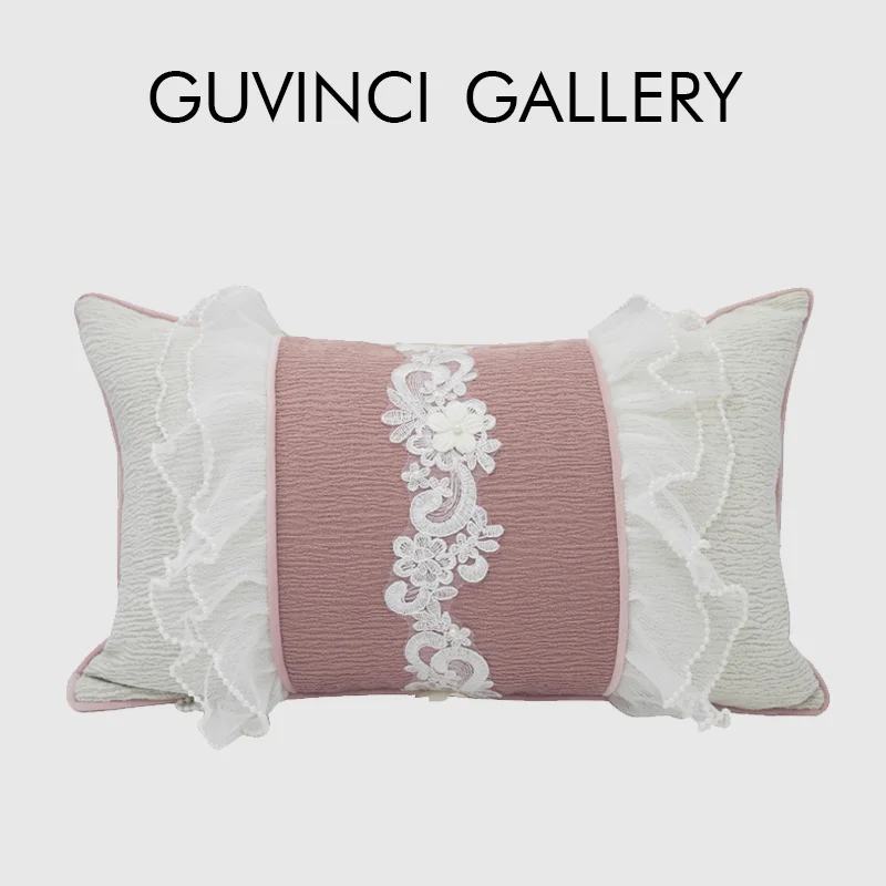 

GUVINCI French Romantic Lace Floral Decorative Pink Lumbar Pillow Cover Luxury Handmade Accent Cushion Case For Boudoir Bedroom