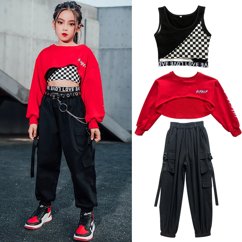 Costume de danse de rue moderne pour filles, vêtements de salle de Rhjazz, vêtements Rave Hip Hop, pantalons décontractés en Y rouges pour enfants