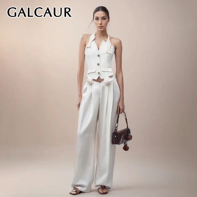 

Комплект из двух предметов GALCAUR Женский, повседневный однотонный топ с лямкой на шее, без рукавов, с высокой талией, в стиле пэчворк, с аппликацией и перекрестными штанами