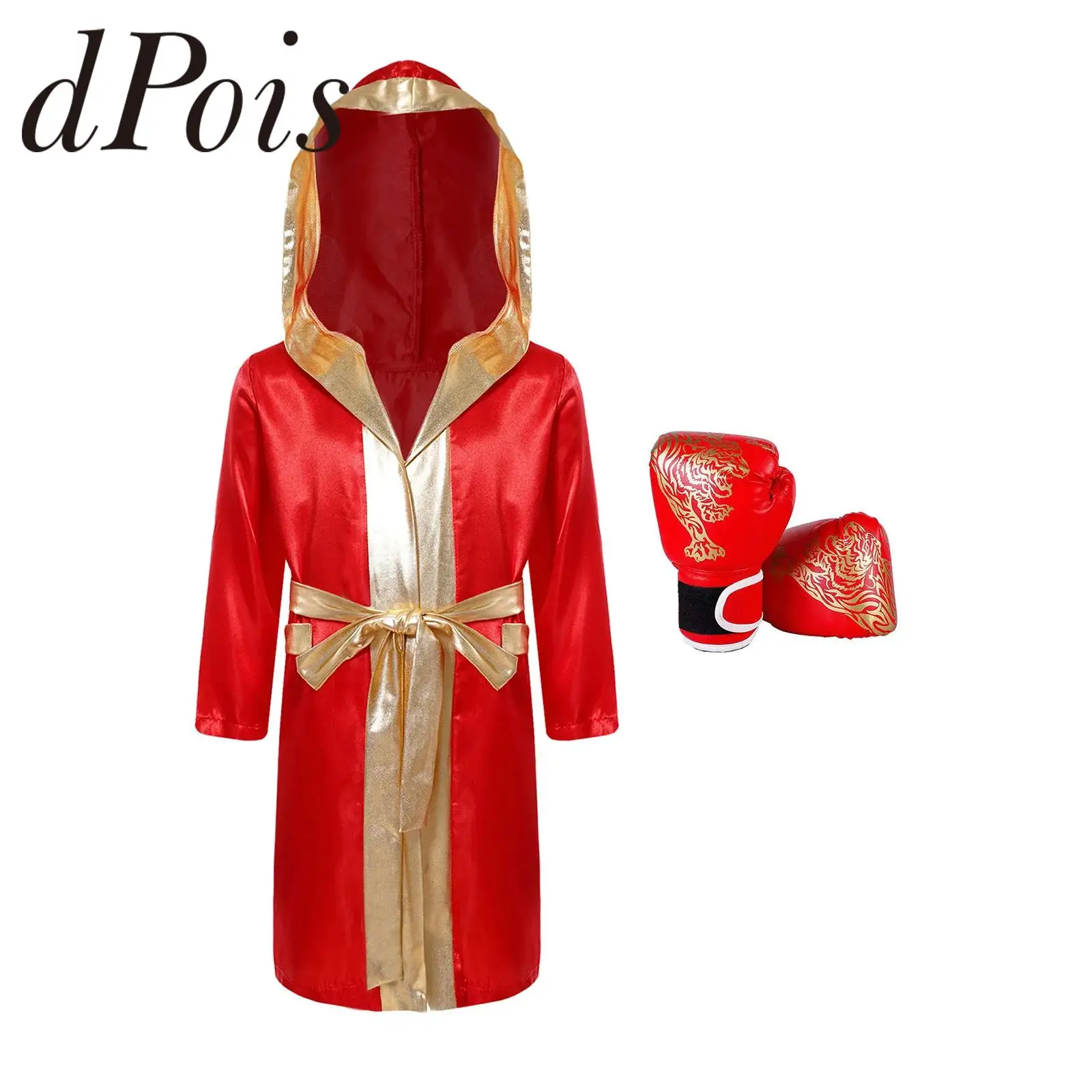Kids Boys Boxing Robes Training Costume Outfit Grappling Muay Thai Hooded Robe with Belt Shorts Bjj Boxer Gloves Set