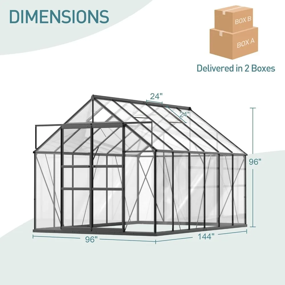 Aluminum Walk-in Greenhouse with 2 Sliding Doors, 2 Vent Windows, and Rain Gutter for Winter Backyard Use, Greenhouses 5