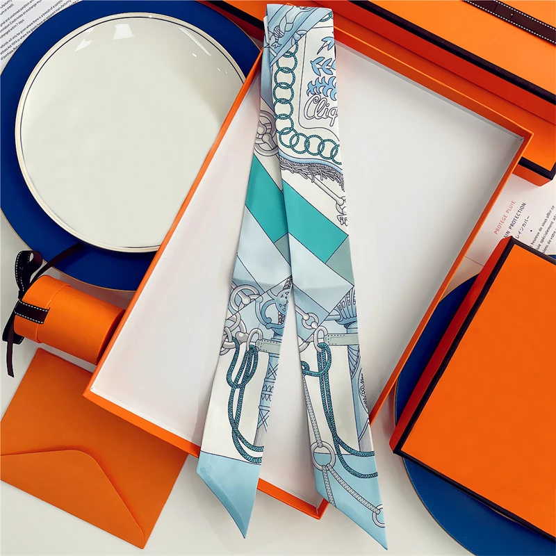 2025, Marke Design Ketten Frauen Maulbeerseide Schal Luxus Schal Mode Haar Stirnband Foulard Dünne Tasche Schals Halstuch – Detail 13