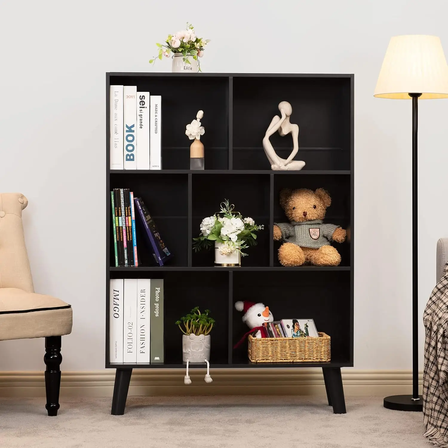 Black Bookshelf,3 Tier Modern Bookcase with Legs,Bookshelves Wood Storage Shelf, Open Book Shelves Cube Organizer 5