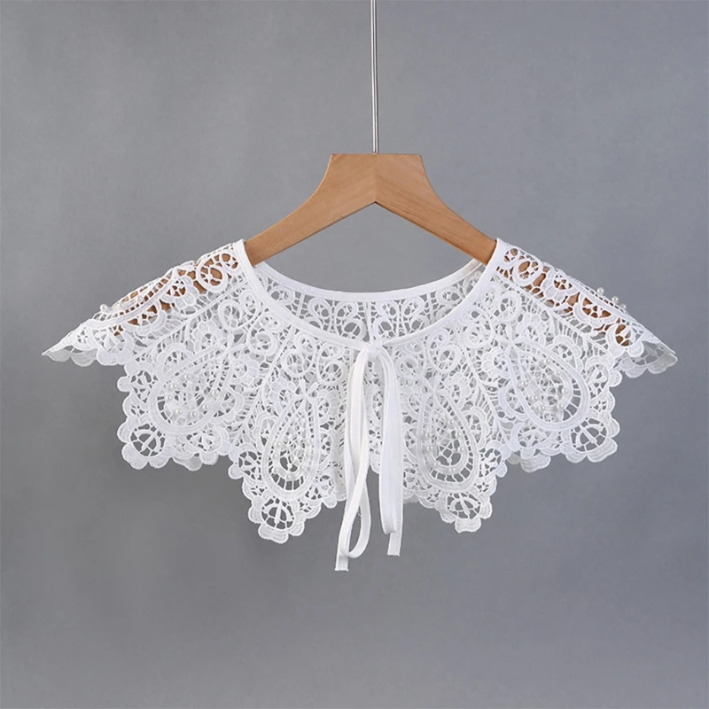 

Women Hollow Out Crochet Lace Shawl Fake Collar Shiny Imitation Pearl Beaded Necklace Blouse Top Elegant Decorative Lace-Up F0T5