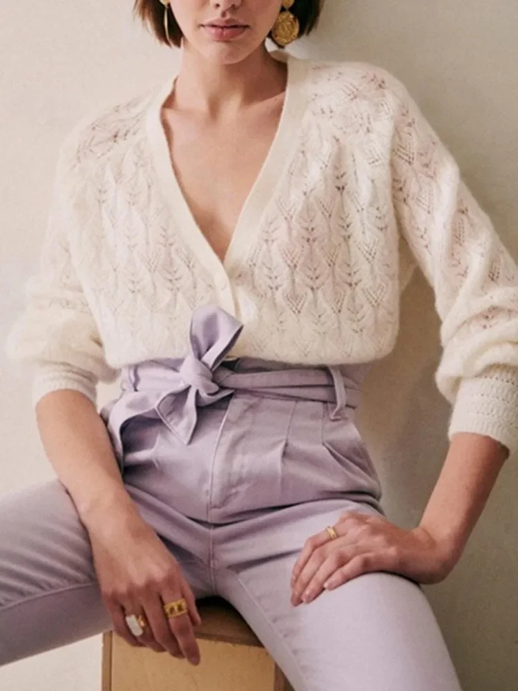 

Women Knitted Cardigan Crochet Hollow Out V-Neck Single Breasted Long Sleeve Knitwear Sweater