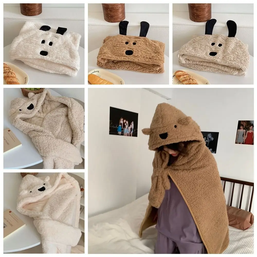 Ins Style Kawaii Bear Hooded Blanket Fleece Material Keep Warm Blanket Shawl Throw Blanket Soft Wearable Blanket Bedroom Use
