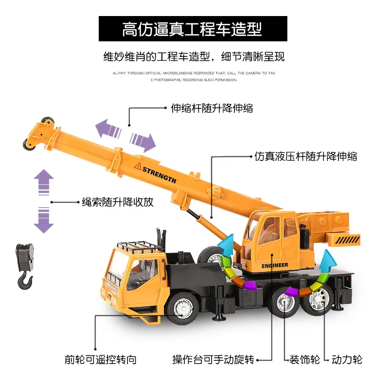 BGTOY 4WD RC Car With LED Light 2.4G Alloy Remote Control Crane Control Robotic Arm Simulation Engineering Truck Boys Kids Gifts 4