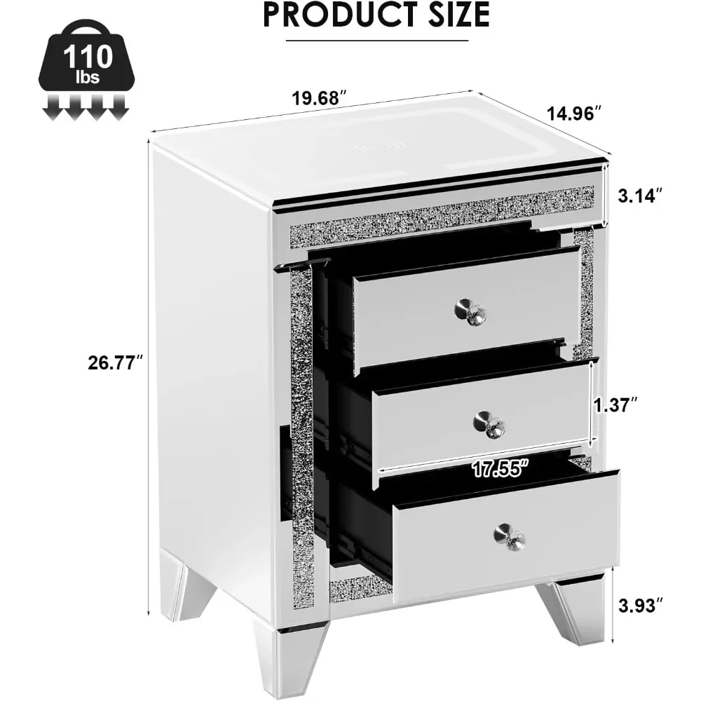 Silver Nightstand with LED, Mirrored End Table with Charging Station Wireless, Side Table Storage Cabinet with Crystal & Drawers 2