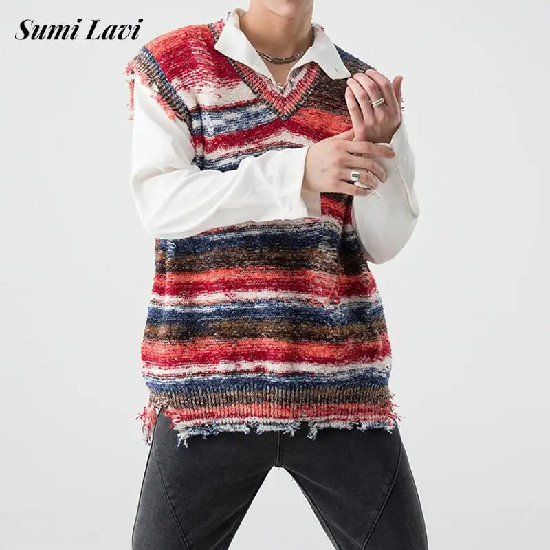 

Vintage Y2K Mens Sleeveless Sweater Colorful Striped Crochet Ripped Knit Tank Tops Men Street Fashion Loose V Neck Vest Knitwear