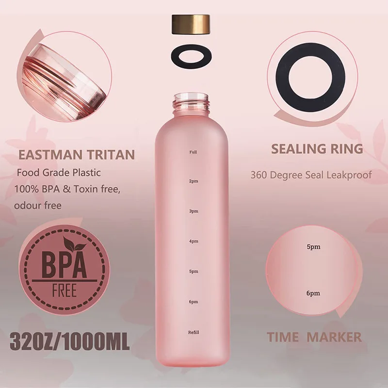 Matte Water Bottle 1000ML Plastic Water Cup with Lid Frosted Drinking Bottle for Girls with Time Marker Tea Drinkware Kitchen