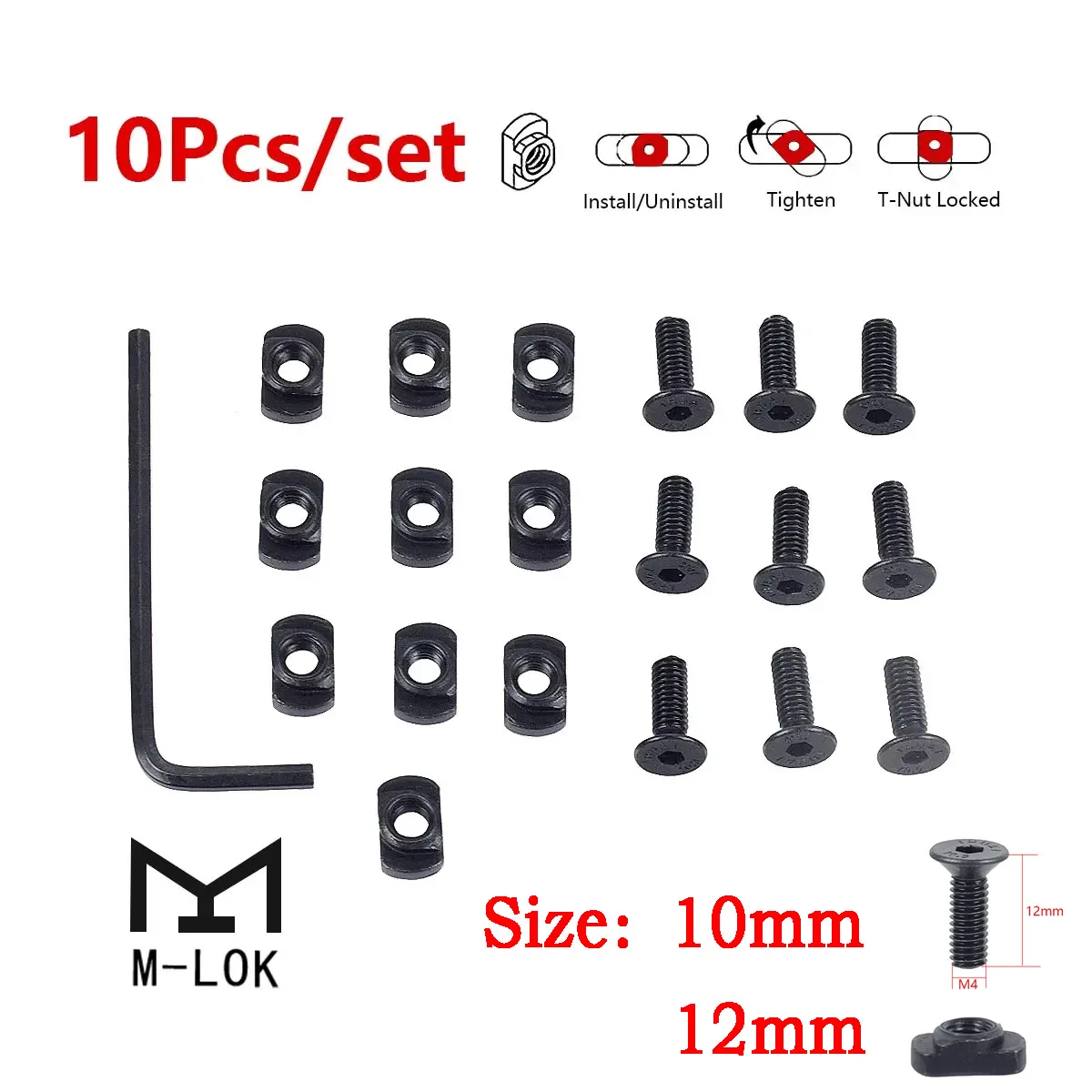 10pcs M4 M-Lok M Lok Screws and Nuts M4x12 Thread 10mm 12mm Mount Handguard Adapter Low Profile Rifle Hunting Accessory m lok screw replacement set