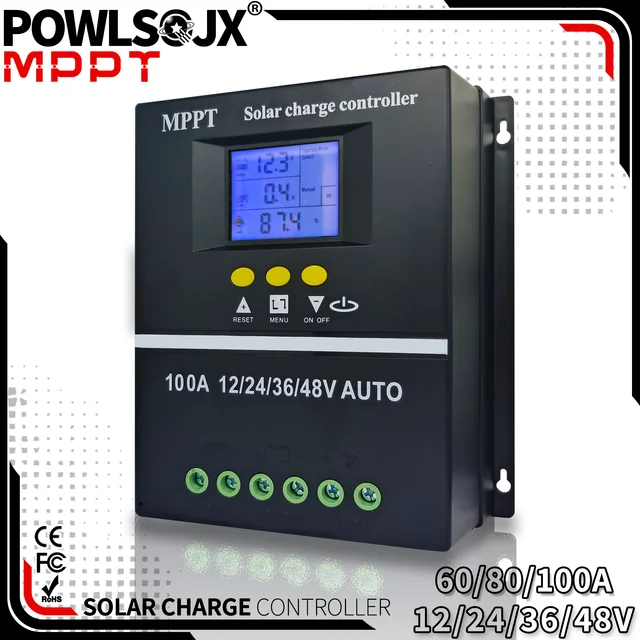 POWLSOJX MPPT 100A 80A 60A คอนโทรลเลอร์ชาร์จพลังงานแสงอาทิตย์ 12V 24V 36V 48V แผงพลังงานแสงอาทิตย์ตะกั่วกรด/แบตเตอรี่ลิเธียม Dual USB 1