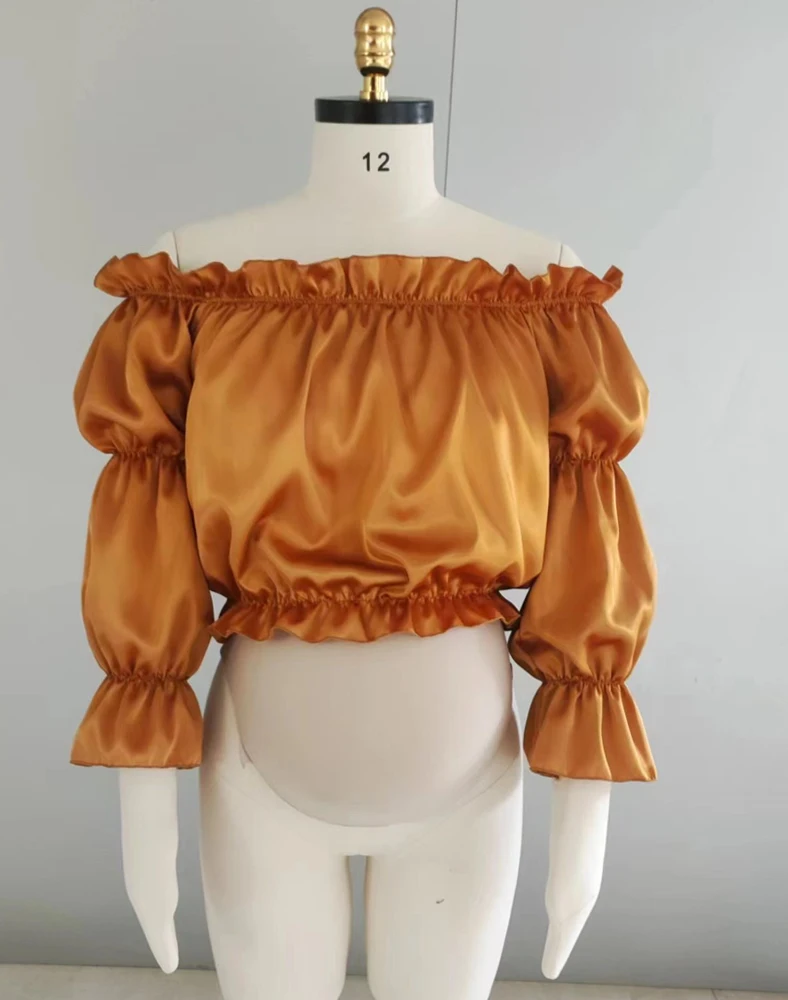 

Maternity Photography Props Off Shoulder Long Sleeved Satin Short Top Clothing For Photo Shoot Pregnant Women