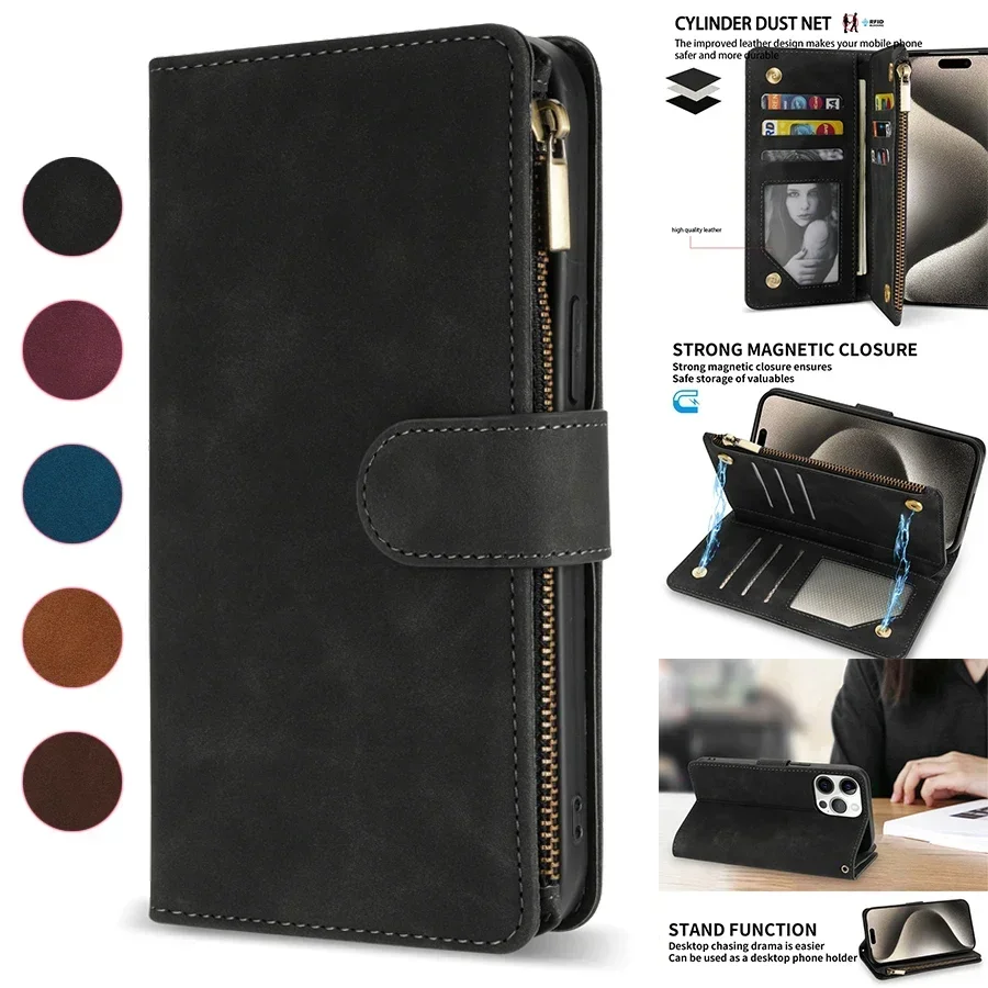 Versatile Multi-Card Zipper Wallet with Kickstand & Magnetic Closure – Leather Case