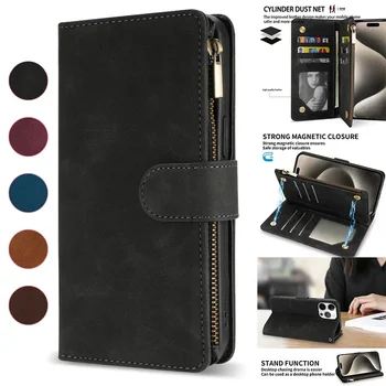 Wallet Multi-card Zipper Kickstand Magnetic Flip Leather Case For iPhone 16 Pro Max 15 Plus 14 13 Mini 12 11 SE 2 X XS XR 8 7 6s 1