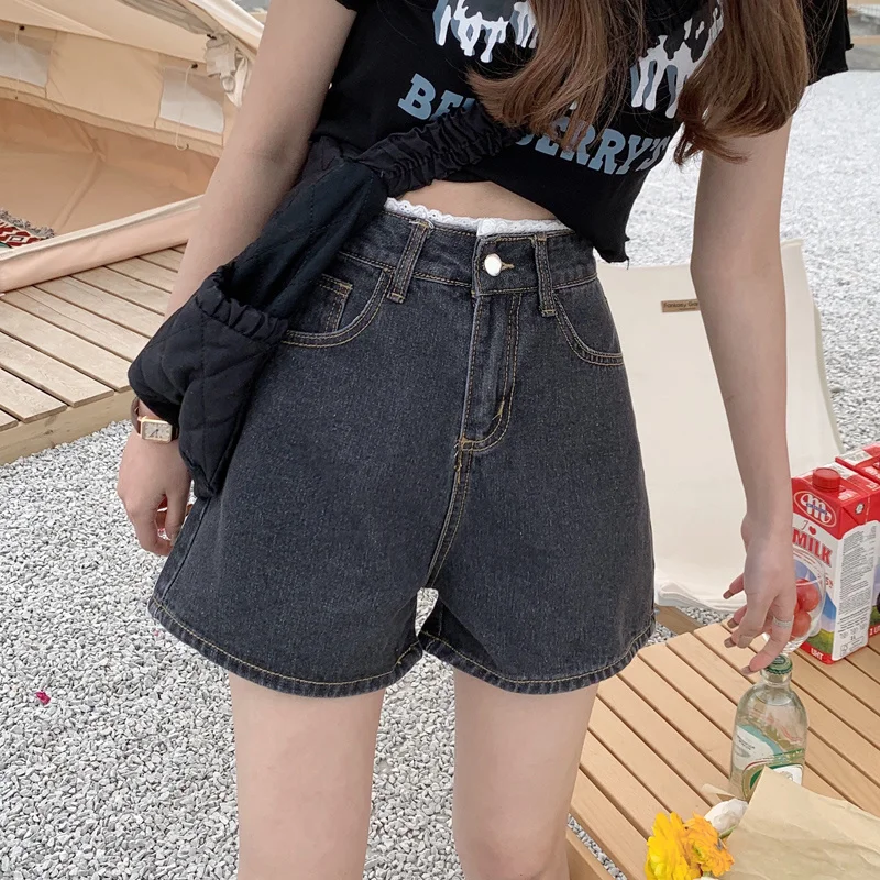 

2021 Summer Womens Fashion High Waist Button Wide Leg Jean Short Casual Female Loose Black Blue Lace Denim Shorts Y2k Hotpants