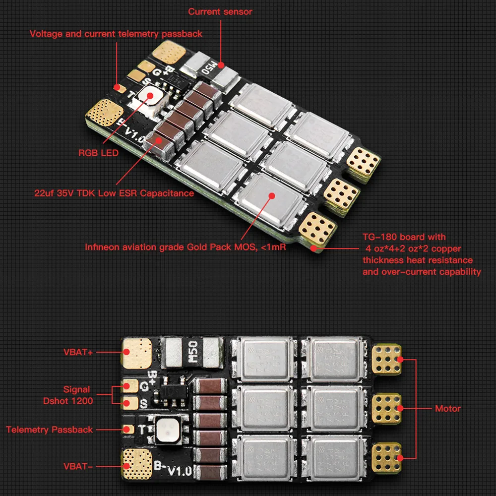 

70A одиночный ESC 2-6S Exuav освещение, совместимое с DShot150/300/600/1200/MultiShot/OneShot для FPV дрона квадрокоптера