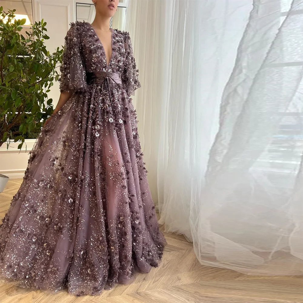 Sevintage Elegant 3D Flowers Embroidery Lace Beadings Crystal Prom Dresses A-Line Long Wedding Party Gowns Evening Dress