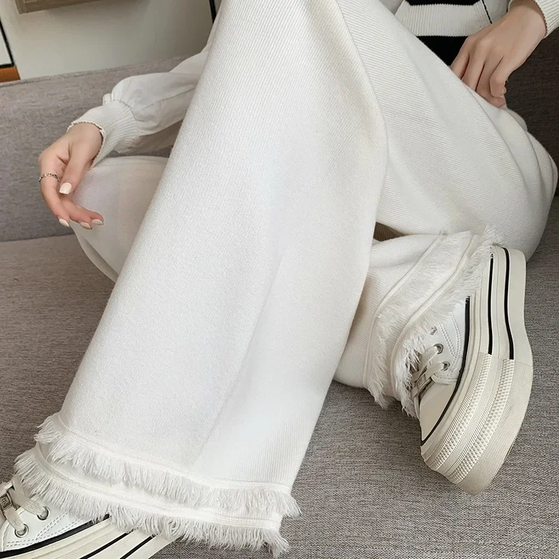 

Tassel Raw Edge Knitted Wide Leg Pants for Women's Autumn and Winter 2023 New High Waisted Drawstring Floor Mop Fashion Casual