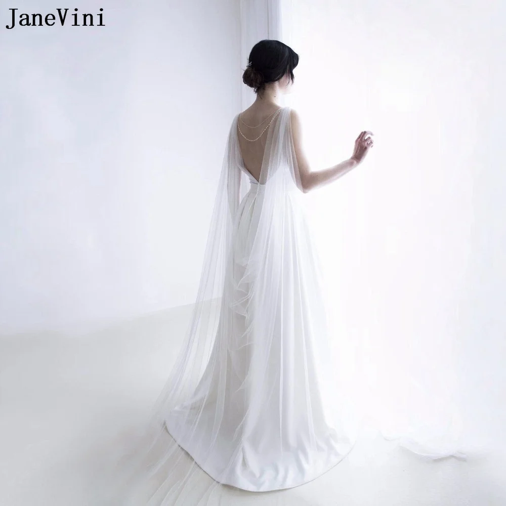 JaneVini Sexy Bridal Robes Long Bride Cape Veil with Pearls Chain Cloak Bridal Capes for Wedding Dress Women Wedding Shawl Cloak