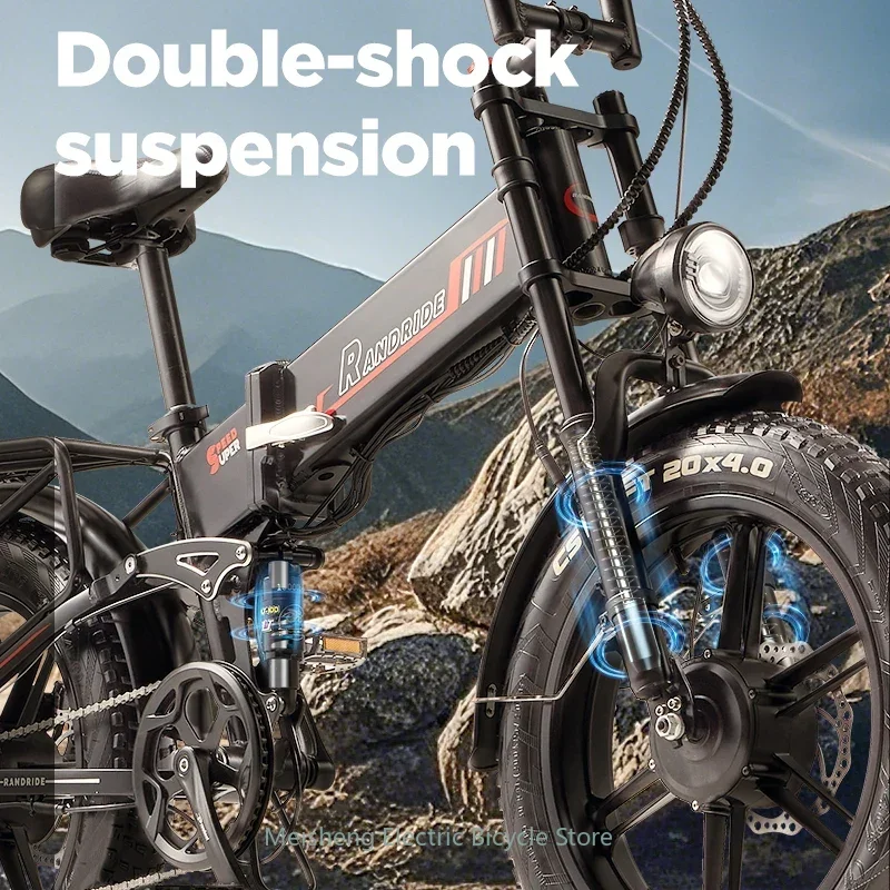 Ebike RANDRIDE YX20M-2 Electric Bike 1000W*2 Motor 20*4.0'' Fat Tires E-Bike 45km/h Max Speed 48V 20Ah Battery 50-60km Max Range