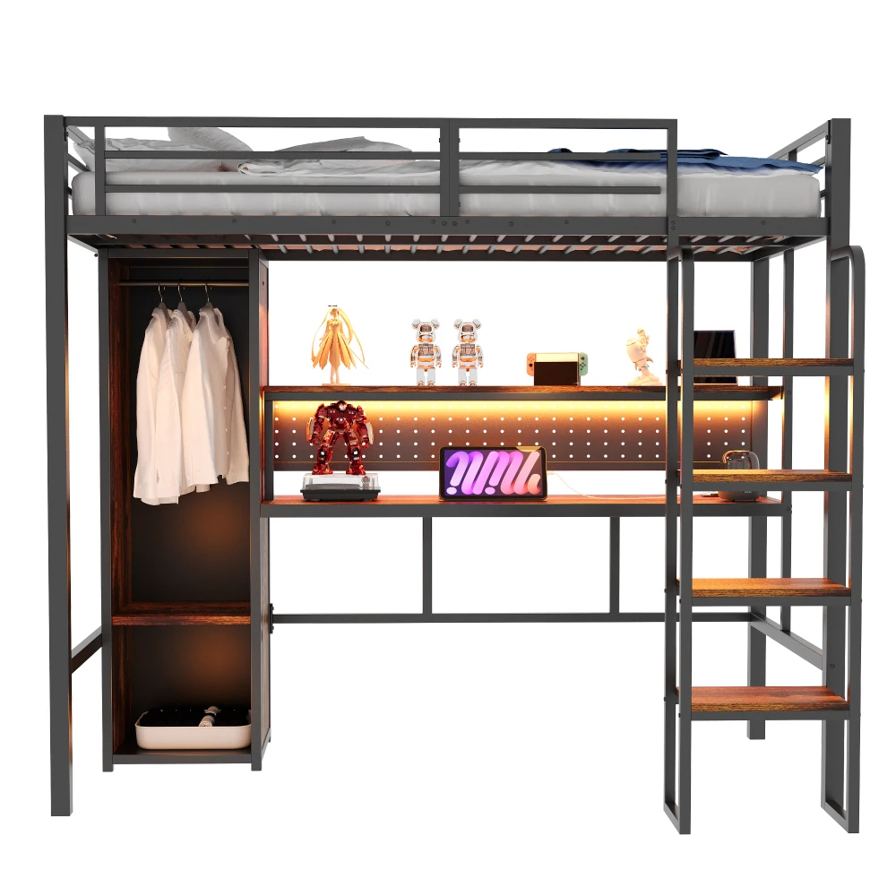 90 X 200cm Metall-Hochbett, Vertikale Treppe, mit Großem Schreibtisch mit Einsteckfunktion, Mehrfarbige LED-Lichtleiste, Einzelner Kleiderschrank – Detail 7