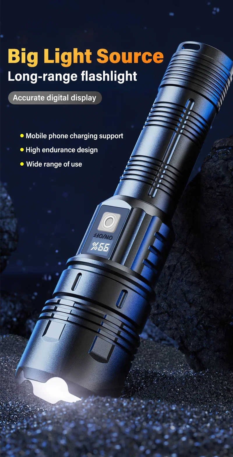 Description Picture 5 of itemKDULIT High Power LED Flashlight Built-in Battery USB Rechargeable with Power Display Outdoor Camping Long Range Tactical Torch