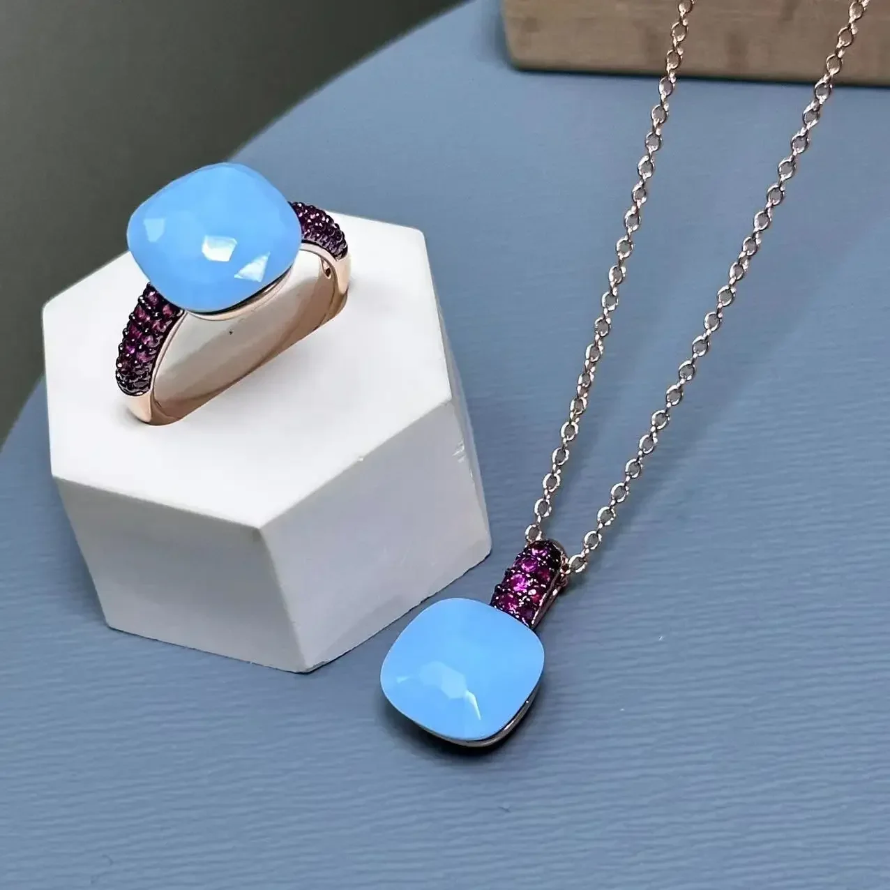 

2Pcs/Set 12.6mm Necklace Ring Set Inlay Purple Zircon with Gun Black Plated Candy Crystal Jewelry Set Nudo Fashion Jewelry