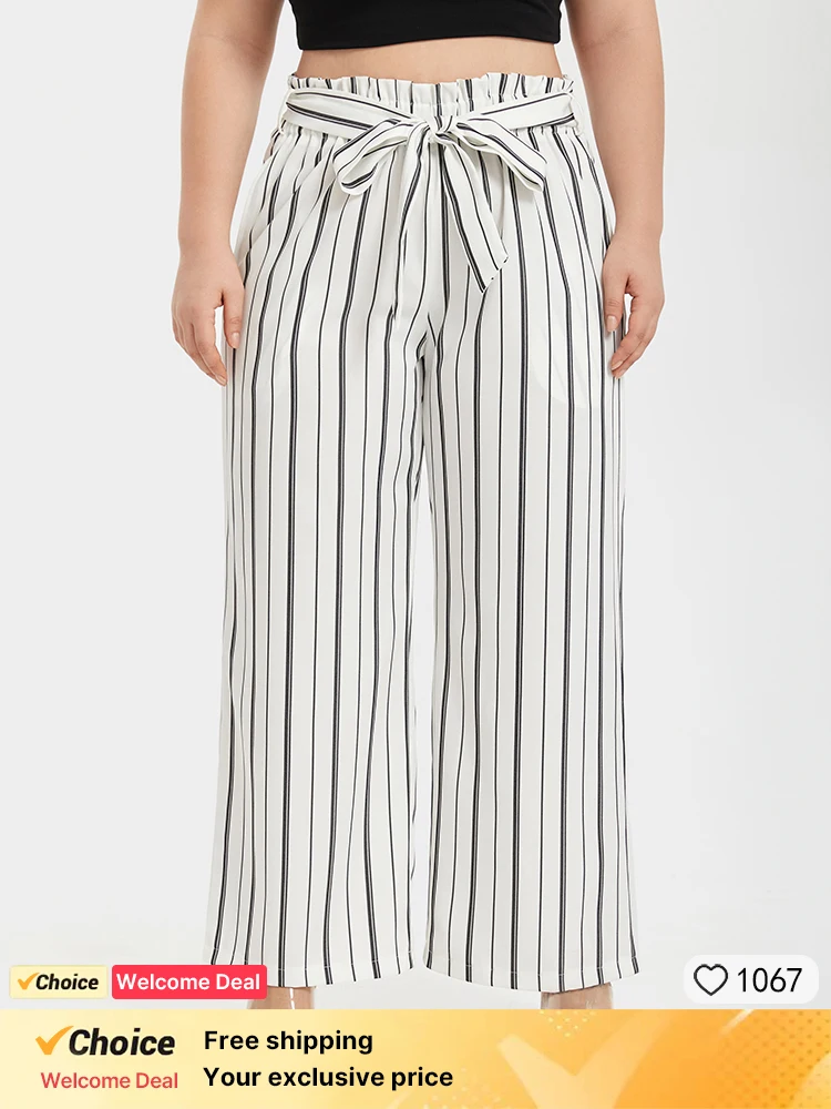 

Plus Sized Clothing Women's Stripe High Waist Wide Leg Belted Pants with Pockets Summer Thin Loose Casual Pants Long Trousers