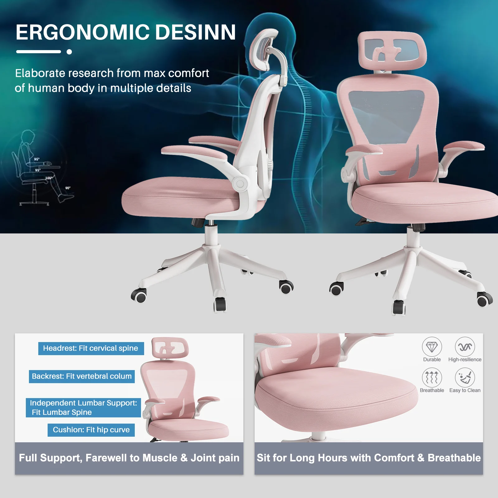 Ergonomic Mesh Office Chair, High Back Computer Desk Chair with Adjustable Lumbar Support, Pink Task Chair with Headrest 4