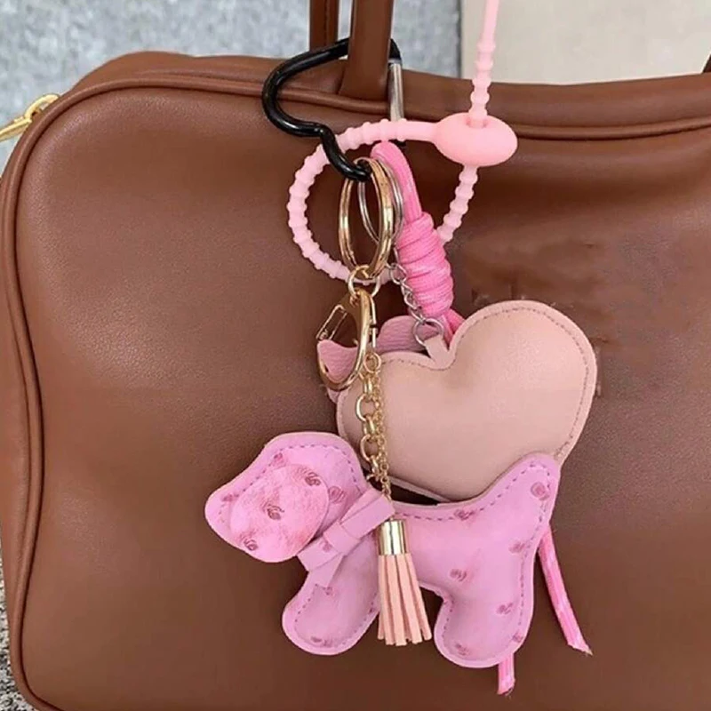 PU Leather Dog Heart Keychain Lovely Car Keyring Carrying on Money Pocket Bag Pendant Animal Fashion Accessories
