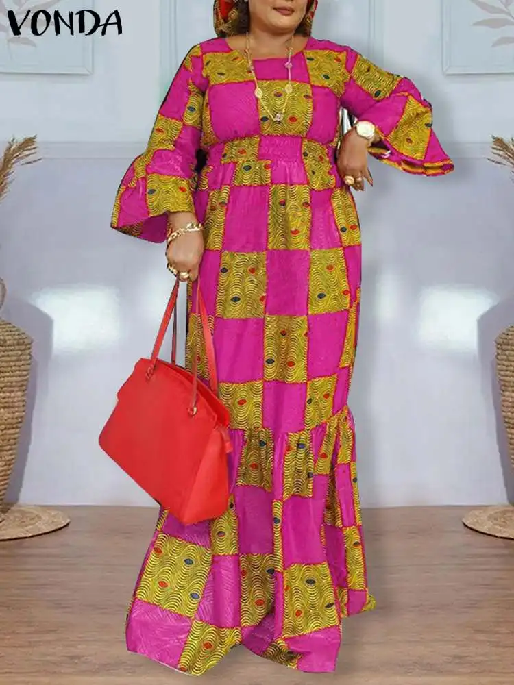 

VONDA Vintage 2024 Autumn Spring Women Dress Fashion Bohemian Long Sleeve Printed Long Maxi Dresses Ruffled Hem Vestido Oversize